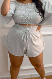 White Casual Polka Dot Frenulum Printing Off the Shoulder Plus Size Two Pieces
