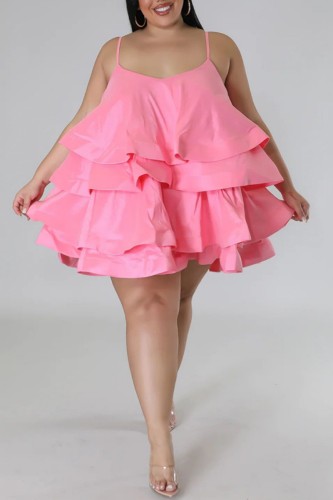 Pink Sexy Casual Solid Patchwork Backless Spaghetti Strap Sling Dress Plus Size Dresses