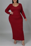 Burgundy Fashion Casual Solid Bandage Hollowed Out O Neck Long Sleeve Plus Size Dresses