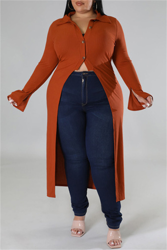 Light Brown Casual Solid Patchwork Cardigan Turndown Collar Plus Size Overcoat