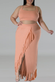 Plus Size Sleeveless High Slit Tassel Bodycon Long Skirt with Crop Top Daily Vacation Matching Set