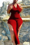 Red Sexy Casual Solid Bandage Backless Slit Halter Plus Size Jumpsuits