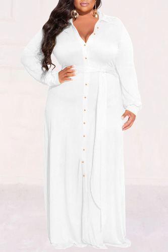 White Casual Street Solid Patchwork Buckle Turndown Collar Shirt Dress Plus Size Dresses