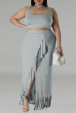 Plus Size Sleeveless High Slit Tassel Bodycon Long Skirt with Crop Top Daily Vacation Matching Set