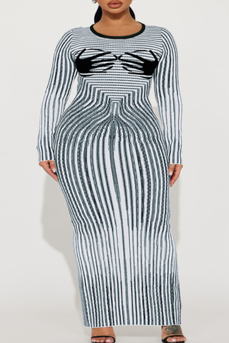 Celebrities Print Patchwork Slit Zipper O Neck Wrapped Skirt Plus Size Dresses