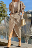 Khaki British Style Elegant Solid Pocket Buttons Turndown Collar Long Sleeve Two Pieces