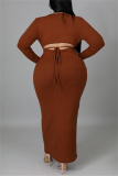 Burgundy Fashion Casual Solid Bandage Hollowed Out O Neck Long Sleeve Plus Size Dresses