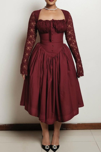 Sweet Solid Lace Bandage Patchwork Square Collar A Line Dresses