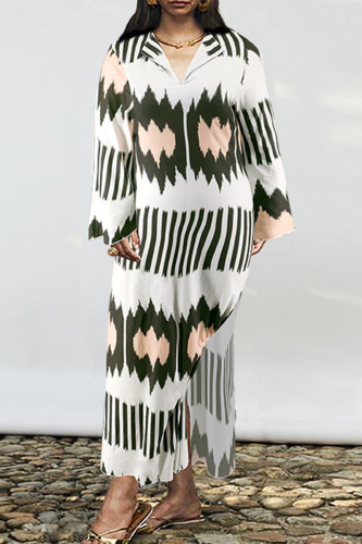 Sweet Print Patchwork Slit Turndown Collar One Step Skirt Plus Size Dresses