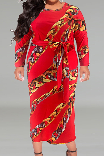Casual Print Bandage Patchwork O Neck One Step Skirt Plus Size Dresses