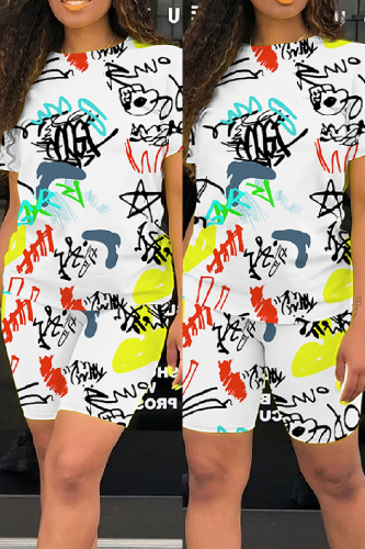 Casual Print Basic O Neck Short Sleeve Two Pieces