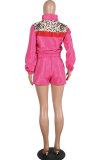 Pink Active Two Piece Suits Patchwork Leopard Straight Long Sleeve