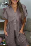 Casual Simplicity Solid Pocket Buttons V Neck Loose Rompers