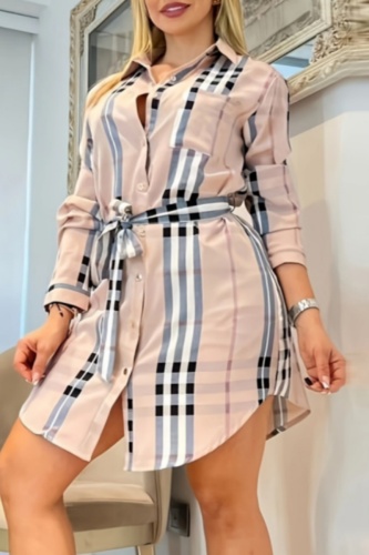 Casual Print With Belt Turndown Collar Shirt Dresses