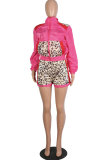 Pink Active Two Piece Suits Patchwork Leopard Straight Long Sleeve
