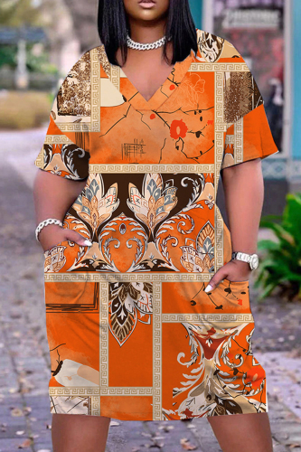Casual Print Patchwork Basic V Neck Short Sleeve Short Sleeve Dress