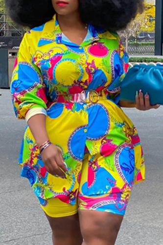 Sexy Print Patchwork Turndown Collar Plus Size Two Pieces