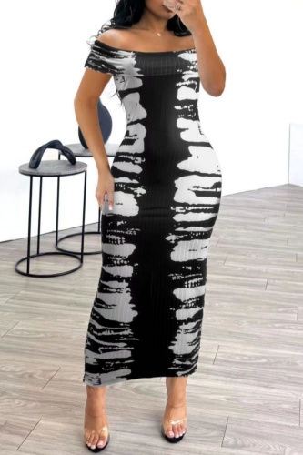 Casual Print Patchwork Off the Shoulder Long Dresses