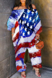 Casual American Flag Stars Print Off The Shoulder Wide Leg Jumpsuits