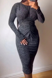 Casual Solid Fold O Neck Long Sleeve Dresses