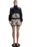 Navy Blue Active Two Piece Suits Patchwork Leopard Straight Long Sleeve