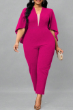Casual Solid Patchwork V Neck Plus Size Jumpsuits (Without Belt)