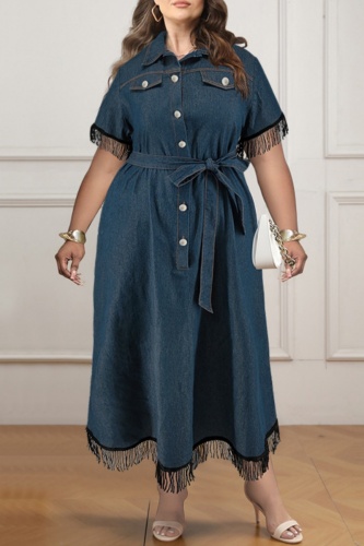 Casual Solid Tassel Patchwork With Belt Turndown Collar Denim Plus Size Dresses