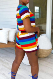Rainbow Color Block Striped Round Neck T-shirts Belted Shorts Plus Size Two Piece Sets