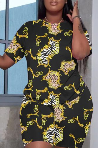 Casual Print Basic O Neck Short Sleeve Two Pieces