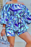 Casual Print Patchwork With Belt Off the Shoulder Three Quarter Two Pieces