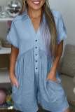 Casual Simplicity Solid Pocket Buttons V Neck Loose Rompers