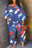 Casual American Flag Stars Print Off The Shoulder Wide Leg Jumpsuits