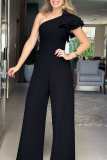 Casual Solid Patchwork Backless Oblique Collar Skinny Jumpsuits