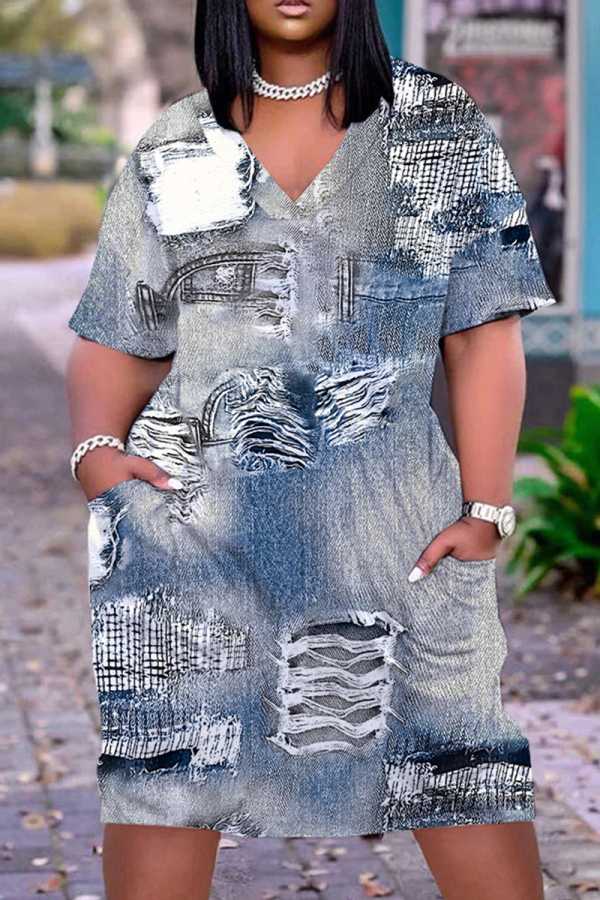 Casual Print Patchwork Basic V Neck Long Sleeve Short Sleeve Dress