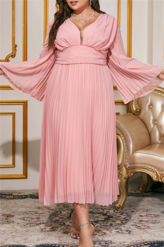 Casual Solid Patchwork Backless Pleated V Neck Long Plus Size Dresses