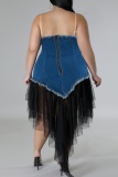 Sexy Casual Patchwork Backless Asymmetrical Strapless Denim Plus Size Dresses