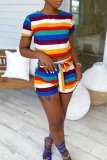 Rainbow Color Block Striped Round Neck T-shirts Belted Shorts Plus Size Two Piece Sets
