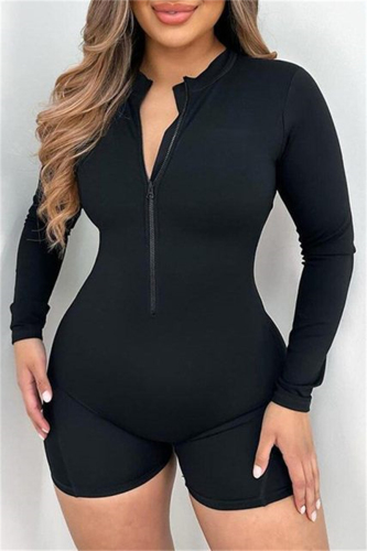 Casual Solid Backless Zipper Collar Skinny Rompers