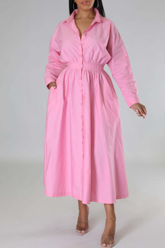 Pink Casual Solid Patchwork Buckle Turndown Collar Shirt Dress Dresses