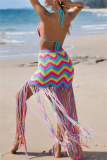 Sexy Patchwork Tassel Bandage Backless Contrast Swimwears Cover Up