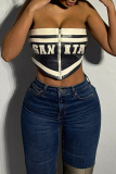 Sexy Casual Letter Patchwork Backless Contrast Zipper Strapless Tops