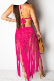 White Crochet Sleeveless Backless Halter Crossover Hollow Out Vacation Beach Tassel Bodycon Maxi Dress