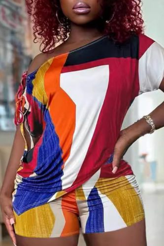 Casual Print Frenulum Oblique Collar Short Sleeve Two Pieces
