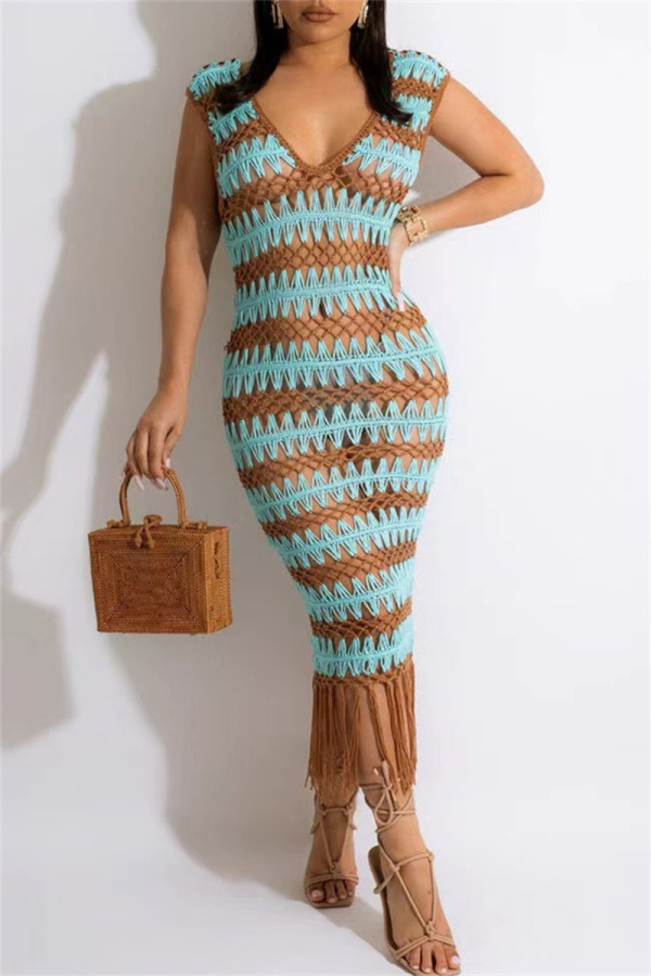 Sexy Patchwork Tassel See-through Backless Contrast V Neck Beach Dresses