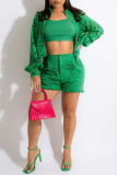 Green Sexy Sweet Solid Hollowed Out Patchwork See-through Zipper Collar Long Sleeve Two Pieces