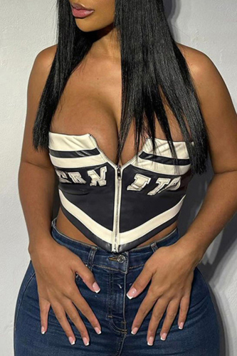 Sexy Casual Letter Patchwork Backless Contrast Zipper Strapless Tops