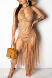 Rose Red Crochet Sleeveless Backless Halter Crossover Hollow Out Vacation Beach Tassel Bodycon Maxi Dress