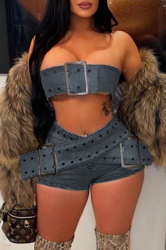 Denim Sexy Solid Sleeveless Tube Crop Tops Mini Shorts Matching Sets Two Pieces