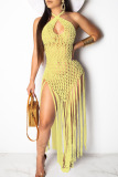 Khaki Crochet Sleeveless Backless Halter Crossover Hollow Out Vacation Beach Tassel Bodycon Maxi Dress