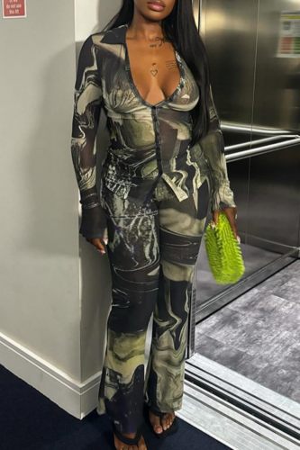 Casual Print Patchwork Turndown Collar Long Sleeve Two Pieces